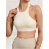 imageSHENHE Womens Backless Halter Sports Bra Asymmetrical Cut Out Wireless Padded Workout Yoga Bra Crop Top TankBeige