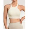 imageSHENHE Womens Backless Halter Sports Bra Asymmetrical Cut Out Wireless Padded Workout Yoga Bra Crop Top TankBeige