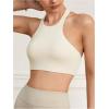 imageSHENHE Womens Backless Halter Sports Bra Asymmetrical Cut Out Wireless Padded Workout Yoga Bra Crop Top TankBeige
