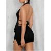 imageSHENHE Womens Sexy Outfits 2 Piece Y2k Backless Deep V Ruffle Halter Top Bodycon Slit Mini Skirt SetBlack