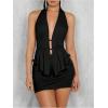 imageSHENHE Womens Sexy Outfits 2 Piece Y2k Backless Deep V Ruffle Halter Top Bodycon Slit Mini Skirt SetBlack