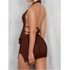 imageSHENHE Womens Sexy Outfits 2 Piece Y2k Backless Deep V Ruffle Halter Top Bodycon Slit Mini Skirt SetCoffee Brown