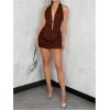 imageSHENHE Womens Sexy Outfits 2 Piece Y2k Backless Deep V Ruffle Halter Top Bodycon Slit Mini Skirt SetCoffee Brown
