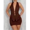 imageSHENHE Womens Sexy Outfits 2 Piece Y2k Backless Deep V Ruffle Halter Top Bodycon Slit Mini Skirt SetCoffee Brown
