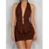 imageSHENHE Womens Sexy Outfits 2 Piece Y2k Backless Deep V Ruffle Halter Top Bodycon Slit Mini Skirt SetCoffee Brown