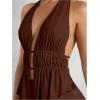 imageSHENHE Womens Sexy Outfits 2 Piece Y2k Backless Deep V Ruffle Halter Top Bodycon Slit Mini Skirt SetCoffee Brown