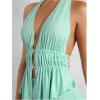 imageSHENHE Womens Sexy Outfits 2 Piece Y2k Backless Deep V Ruffle Halter Top Bodycon Slit Mini Skirt SetMint Green