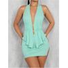 imageSHENHE Womens Sexy Outfits 2 Piece Y2k Backless Deep V Ruffle Halter Top Bodycon Slit Mini Skirt SetMint Green