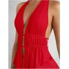 imageSHENHE Womens Sexy Outfits 2 Piece Y2k Backless Deep V Ruffle Halter Top Bodycon Slit Mini Skirt SetRed