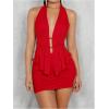 imageSHENHE Womens Sexy Outfits 2 Piece Y2k Backless Deep V Ruffle Halter Top Bodycon Slit Mini Skirt SetRed