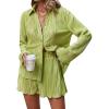 imageSHENHE Womens 2 Piece Sets Dressy Plisse Bell Sleeve Button Down Shirt and Short Set Going OutGreen