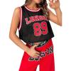 imageSHENHE Womens Jersey Crop Top Y2K Mesh Overlay Graphic Sleeveless Workout Jersey ShirtsBlack