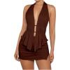 imageSHENHE Womens Sexy Outfits 2 Piece Y2k Backless Deep V Ruffle Halter Top Bodycon Slit Mini Skirt SetCoffee Brown