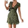 imageSHENHE Womens Y2k Floral Print Deep V Neck Short Sleeve Fit and Flare Vintage Mini DressGreen