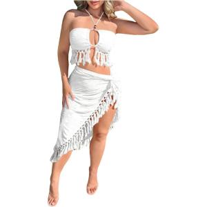 imageSHENHE Womens 2 Piece Fringe Outfits Halter Backless Crop Top and High Slit Skirt Set White Medium