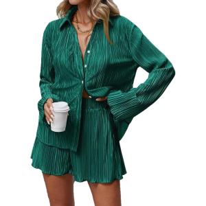imageSHENHE Womens 2 Piece Sets Dressy Plisse Bell Sleeve Button Down Shirt and Short Set Going OutDark Green