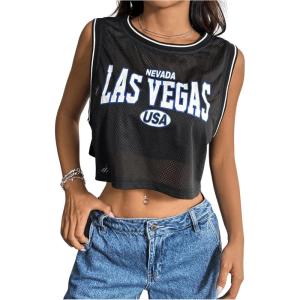 imageSHENHE Womens Jersey Crop Top Y2K Mesh Overlay Graphic Sleeveless Workout Jersey ShirtsBlack and White