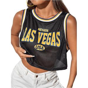 imageSHENHE Womens Jersey Crop Top Y2K Mesh Overlay Graphic Sleeveless Workout Jersey ShirtsBlack and Yellow