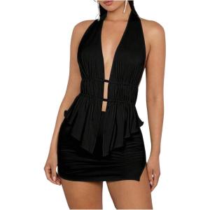imageSHENHE Womens Sexy Outfits 2 Piece Y2k Backless Deep V Ruffle Halter Top Bodycon Slit Mini Skirt SetBlack