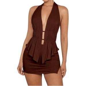 imageSHENHE Womens Sexy Outfits 2 Piece Y2k Backless Deep V Ruffle Halter Top Bodycon Slit Mini Skirt SetCoffee Brown