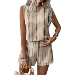 imageSHENHE Womens Summer 2 Piece Outfits Geo Striped Crewneck Tank and Shorts Going Out SetApricot