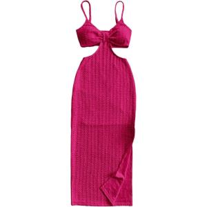 imageSHENHE Womens Vacation Sexy Cutout Waist Split Camisole Textured Bodycon Summer DressHot Pink