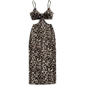 imageSHENHE Womens Vacation Sexy Cutout Waist Split Camisole Textured Bodycon Summer DressLeopard Brown