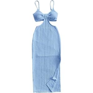 imageSHENHE Womens Vacation Sexy Cutout Waist Split Camisole Textured Bodycon Summer DressLight Blue