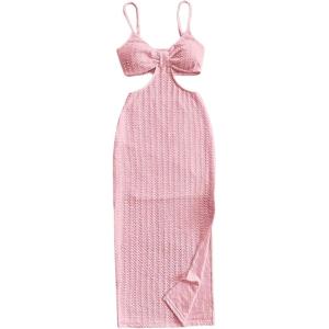 imageSHENHE Womens Vacation Sexy Cutout Waist Split Camisole Textured Bodycon Summer DressPink
