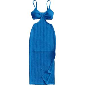 imageSHENHE Womens Vacation Sexy Cutout Waist Split Camisole Textured Bodycon Summer DressRoyal Blue