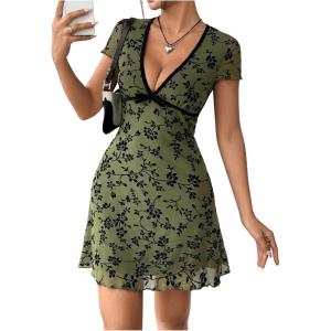imageSHENHE Womens Y2k Floral Print Deep V Neck Short Sleeve Fit and Flare Vintage Mini DressGreen