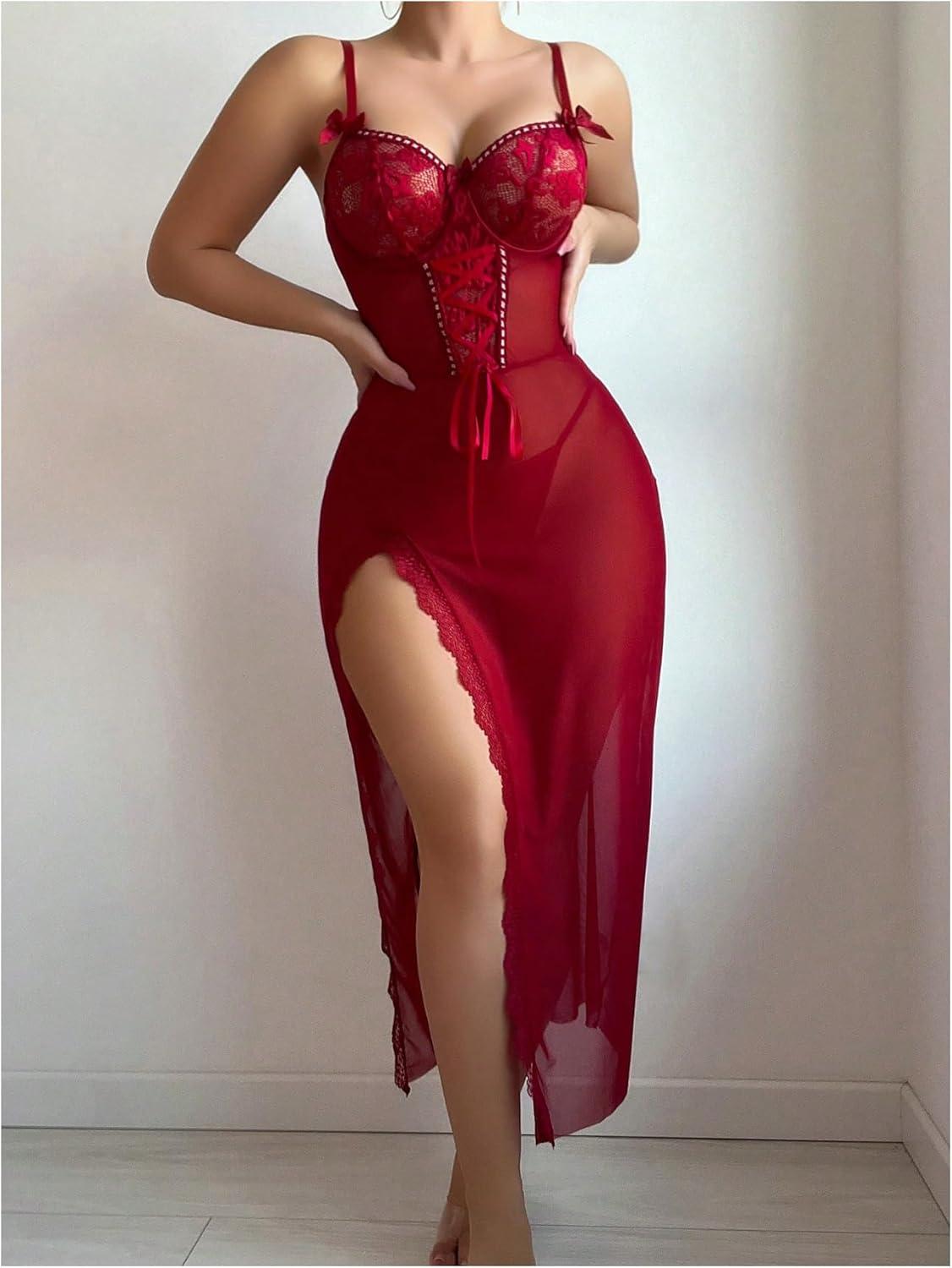 imageSHENHE Womens Lace Babydoll Lingerie Mesh Slip Dress High Slit Sheer Long Nightgown ChemiseBurgundy