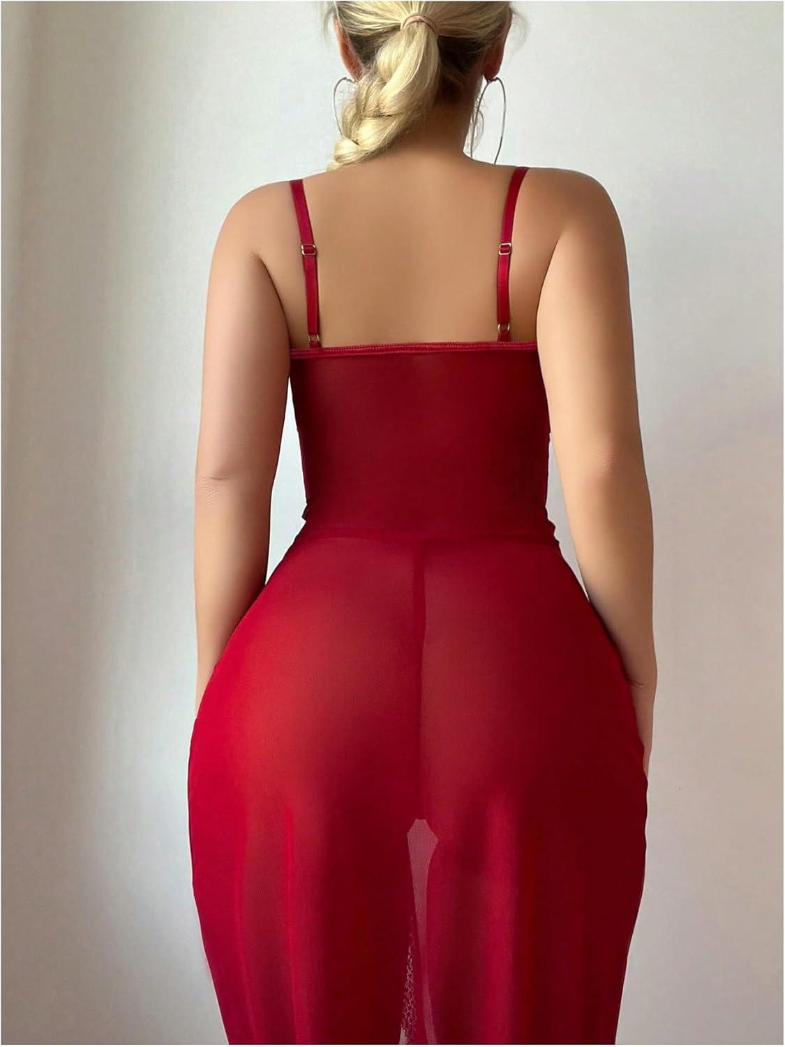 imageSHENHE Womens Lace Babydoll Lingerie Mesh Slip Dress High Slit Sheer Long Nightgown ChemiseBurgundy