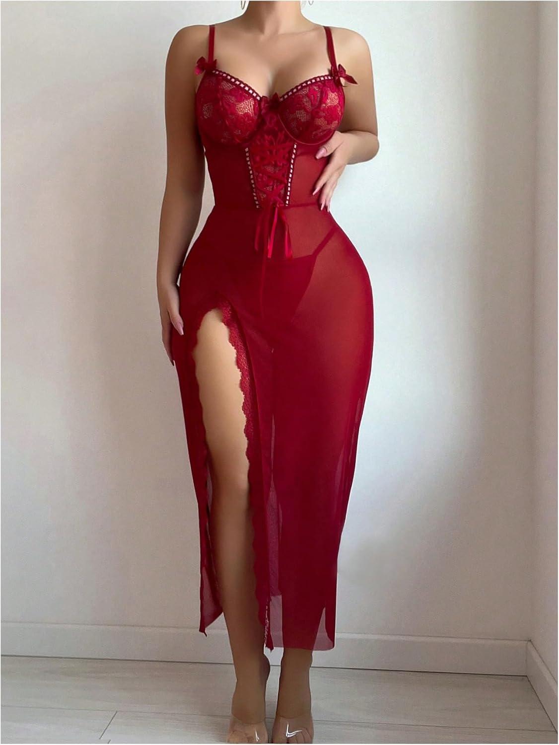 imageSHENHE Womens Lace Babydoll Lingerie Mesh Slip Dress High Slit Sheer Long Nightgown ChemiseBurgundy
