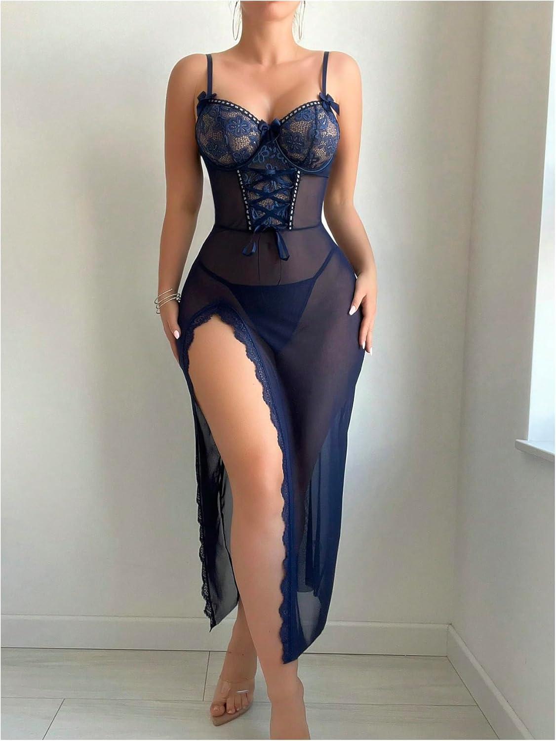 imageSHENHE Womens Lace Babydoll Lingerie Mesh Slip Dress High Slit Sheer Long Nightgown ChemiseDark Blue