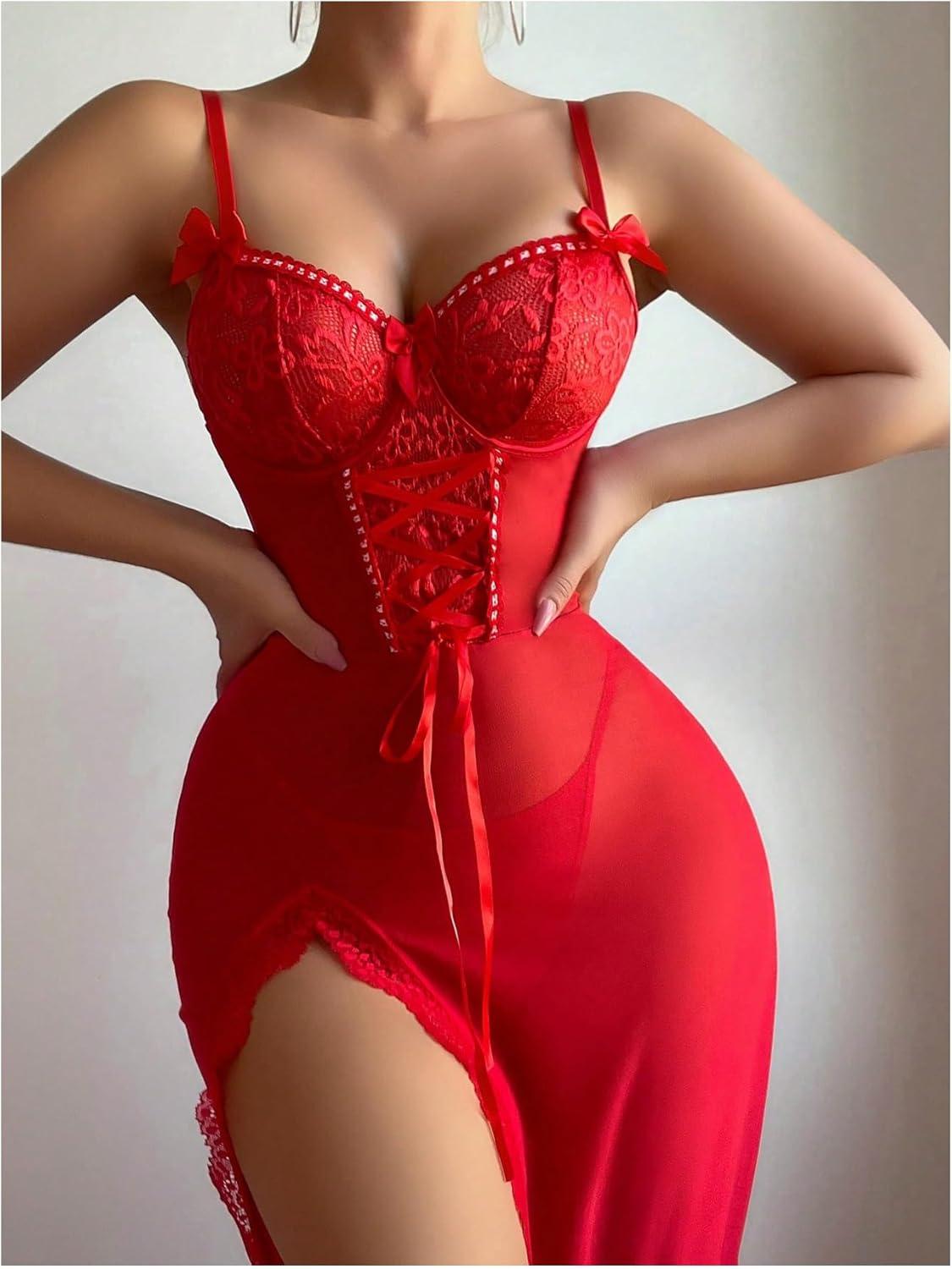 imageSHENHE Womens Lace Babydoll Lingerie Mesh Slip Dress High Slit Sheer Long Nightgown ChemiseRed