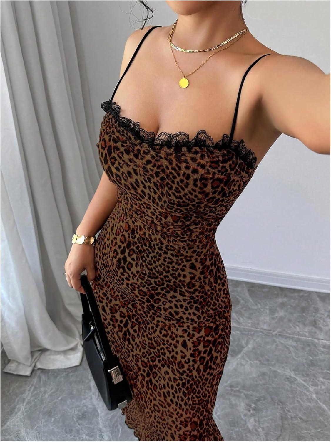 imageSHENHE Womens Lace Trim Spaghetti Strap Bodycon Slip Dress Sexy Maxi Party Cami DressBrown Leopard Print