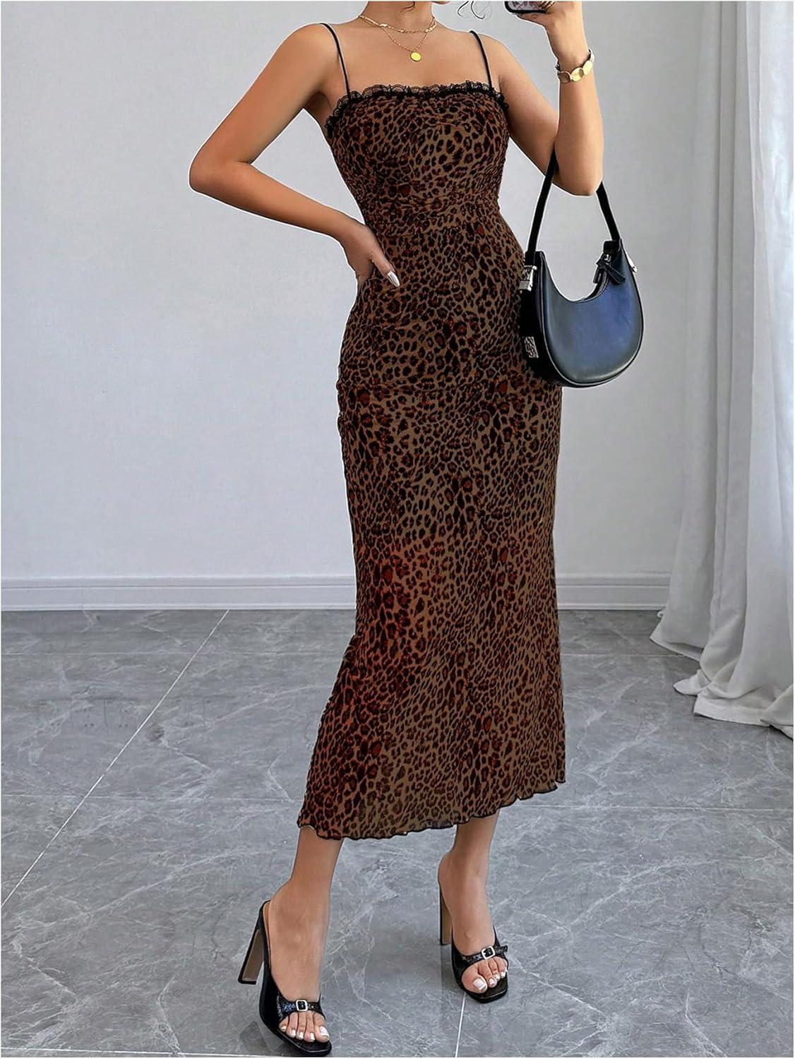 imageSHENHE Womens Lace Trim Spaghetti Strap Bodycon Slip Dress Sexy Maxi Party Cami DressBrown Leopard Print