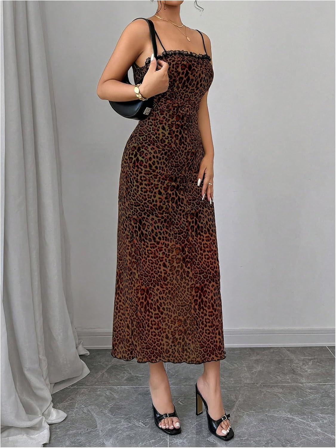 imageSHENHE Womens Lace Trim Spaghetti Strap Bodycon Slip Dress Sexy Maxi Party Cami DressBrown Leopard Print