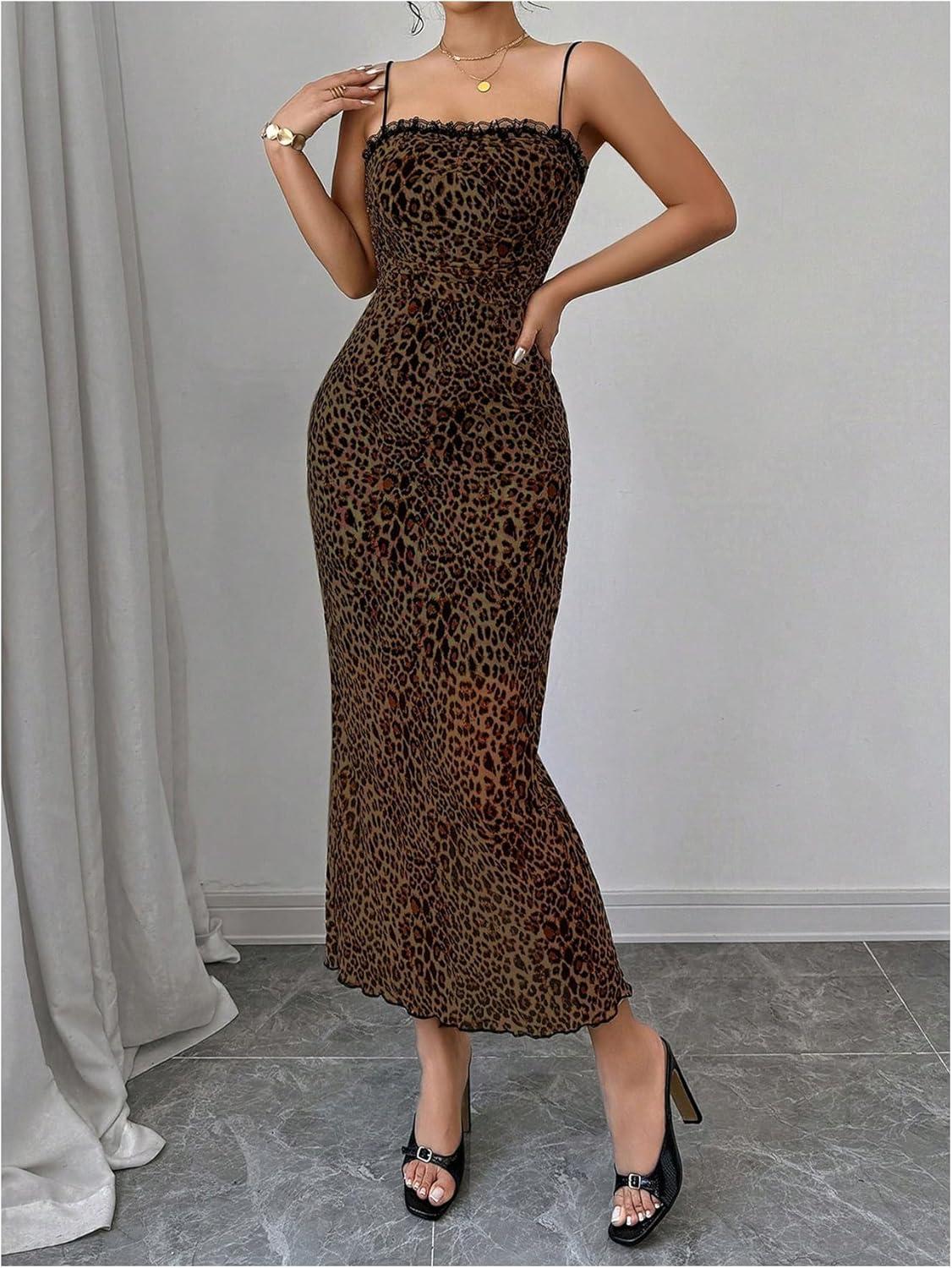 imageSHENHE Womens Lace Trim Spaghetti Strap Bodycon Slip Dress Sexy Maxi Party Cami DressBrown Leopard Print