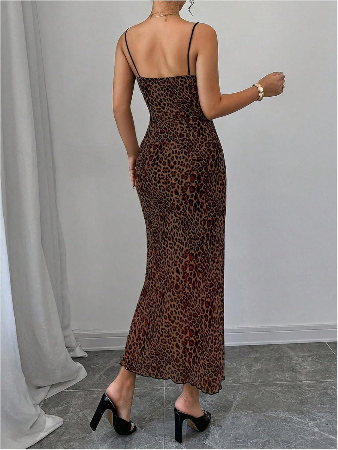 imageSHENHE Womens Lace Trim Spaghetti Strap Bodycon Slip Dress Sexy Maxi Party Cami DressBrown Leopard Print