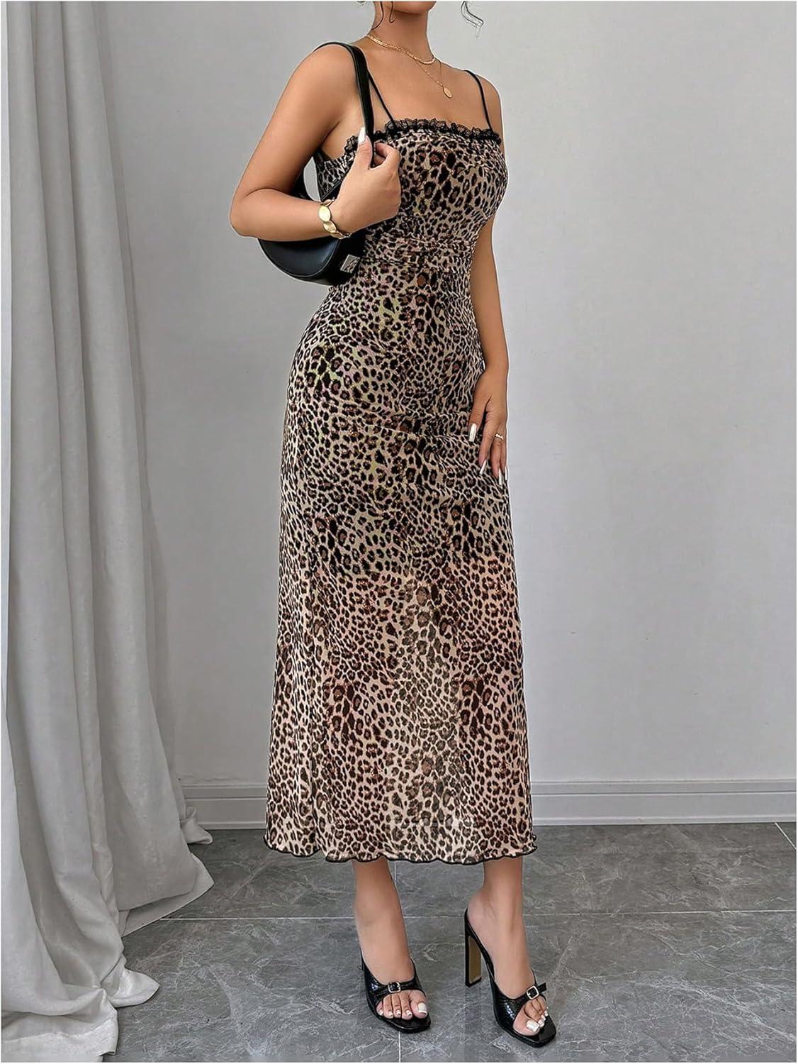imageSHENHE Womens Lace Trim Spaghetti Strap Bodycon Slip Dress Sexy Maxi Party Cami DressKhaki Leopard Print