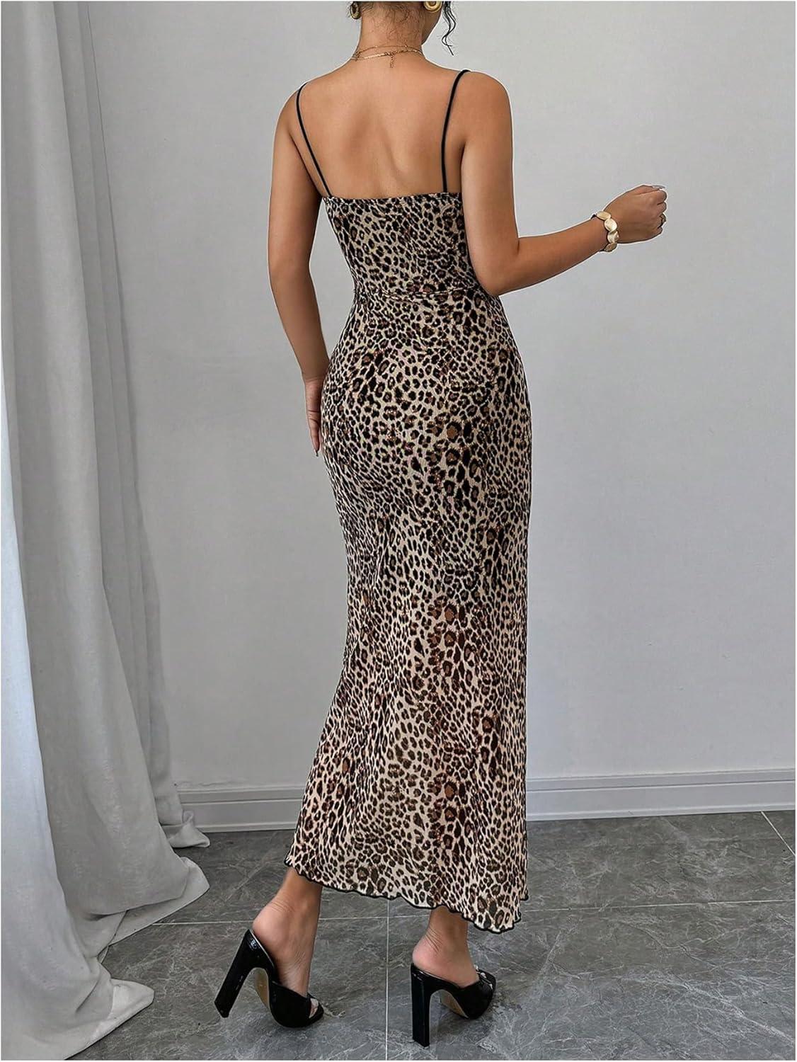 imageSHENHE Womens Lace Trim Spaghetti Strap Bodycon Slip Dress Sexy Maxi Party Cami DressKhaki Leopard Print