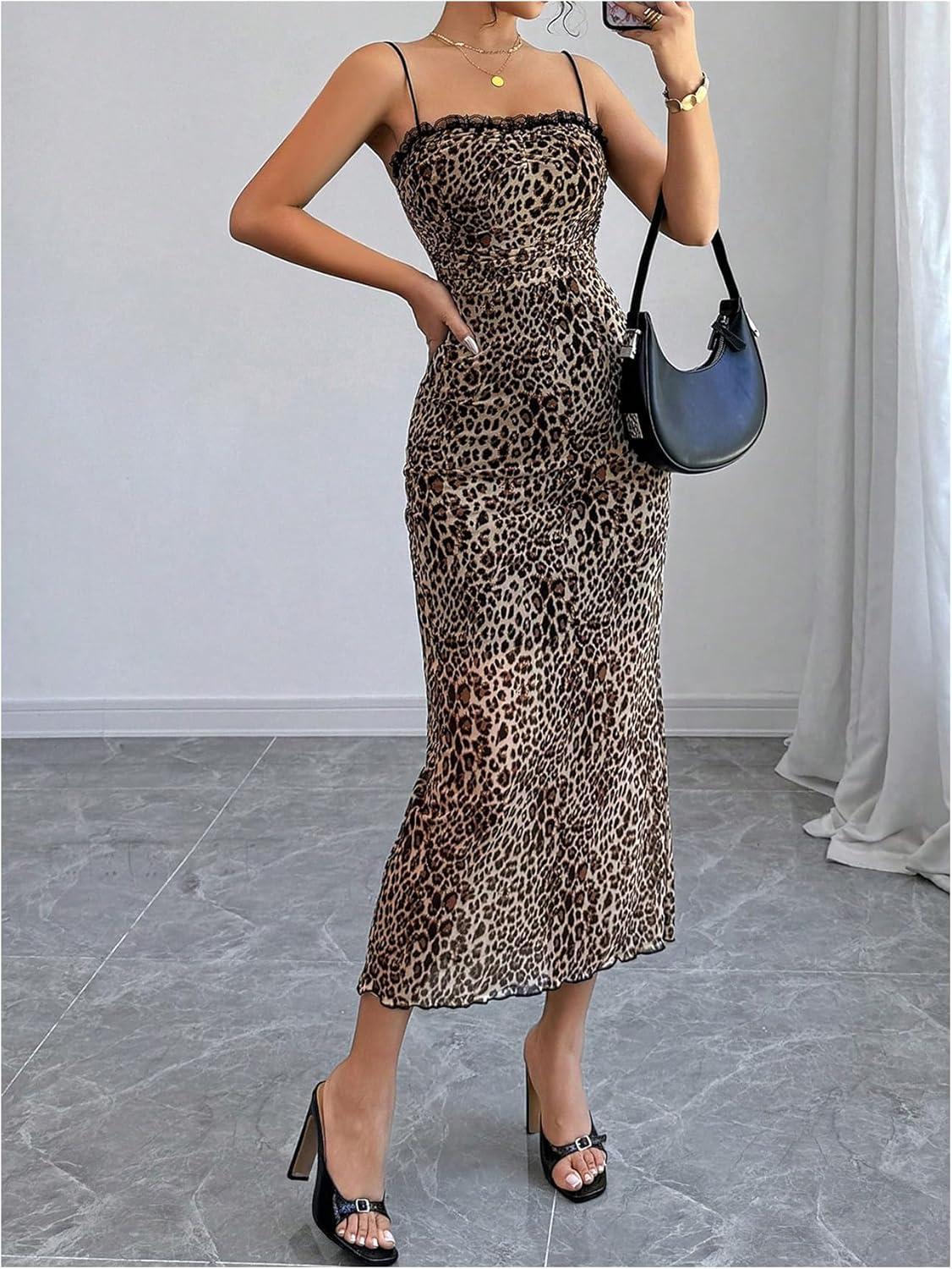 imageSHENHE Womens Lace Trim Spaghetti Strap Bodycon Slip Dress Sexy Maxi Party Cami DressKhaki Leopard Print