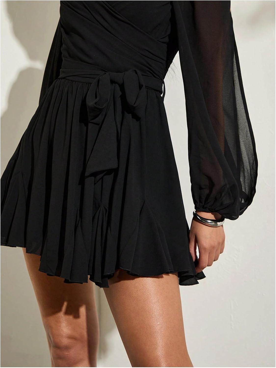 imageSHENHE Womens Lantern Sleeve Sweetheart Neck Belted Flowy Mini Dress Elegant Tie Back DressBlack