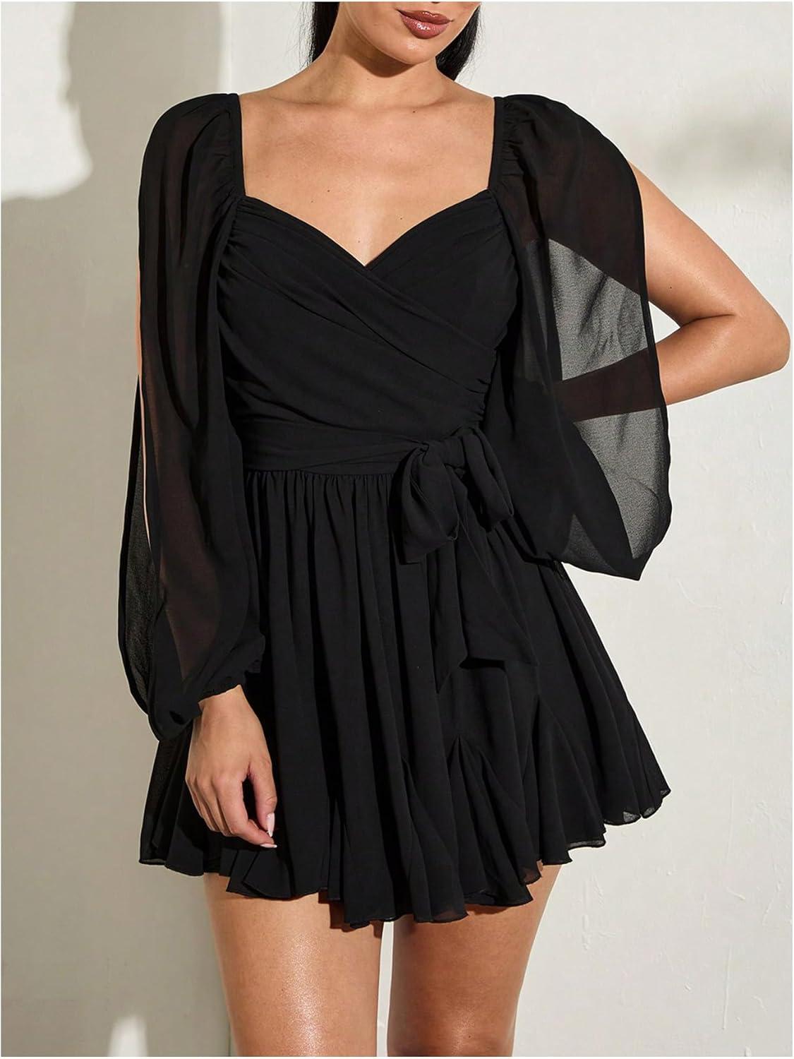 imageSHENHE Womens Lantern Sleeve Sweetheart Neck Belted Flowy Mini Dress Elegant Tie Back DressBlack