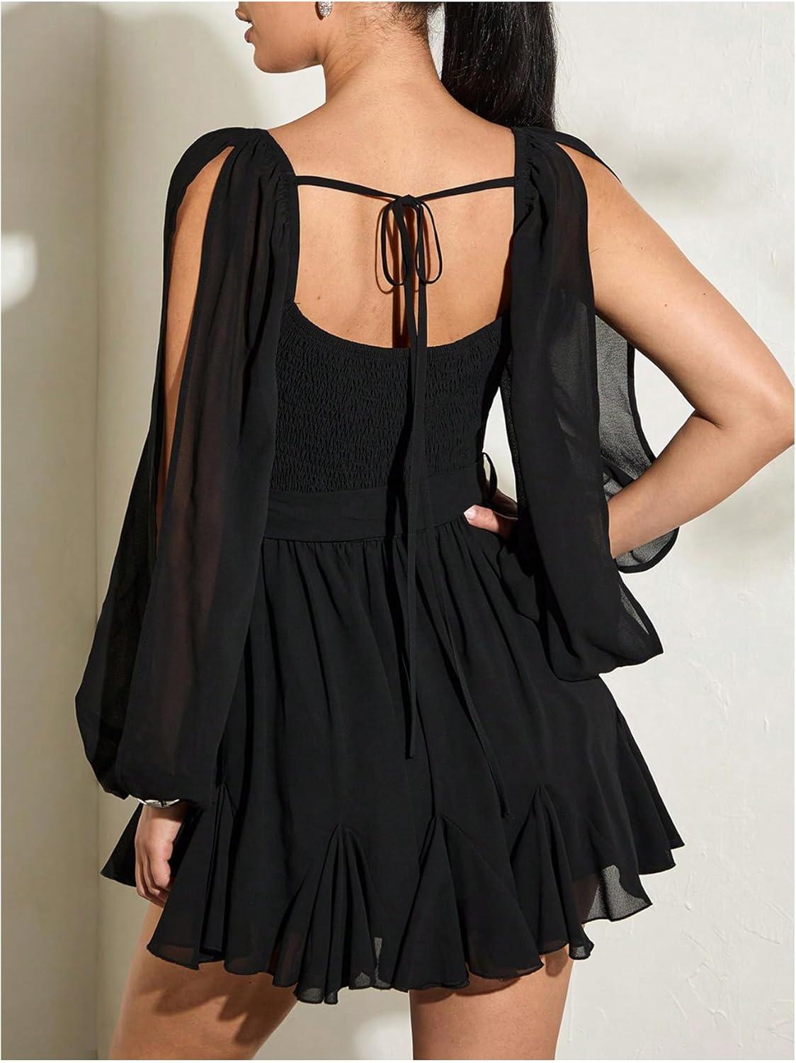 imageSHENHE Womens Lantern Sleeve Sweetheart Neck Belted Flowy Mini Dress Elegant Tie Back DressBlack