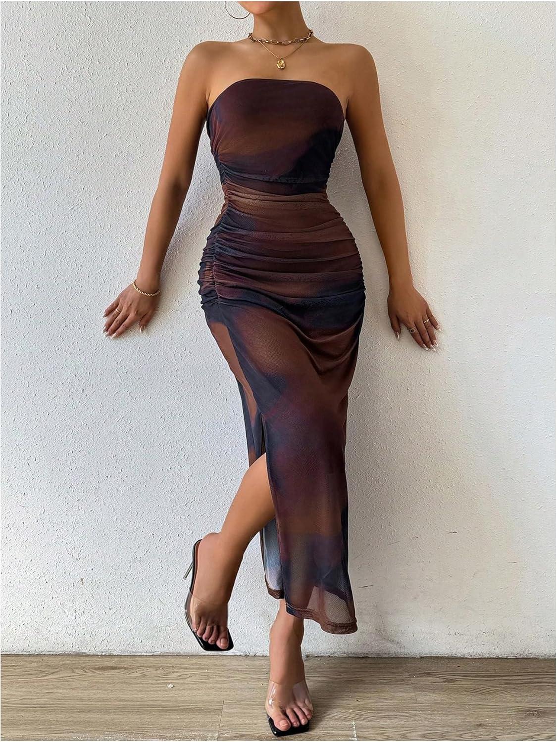 imageSHENHE Womens Mesh Strapless Split Thigh Ruched Bodycon Sexy Maxi Tube Dress with Slit Brown Multi Medium