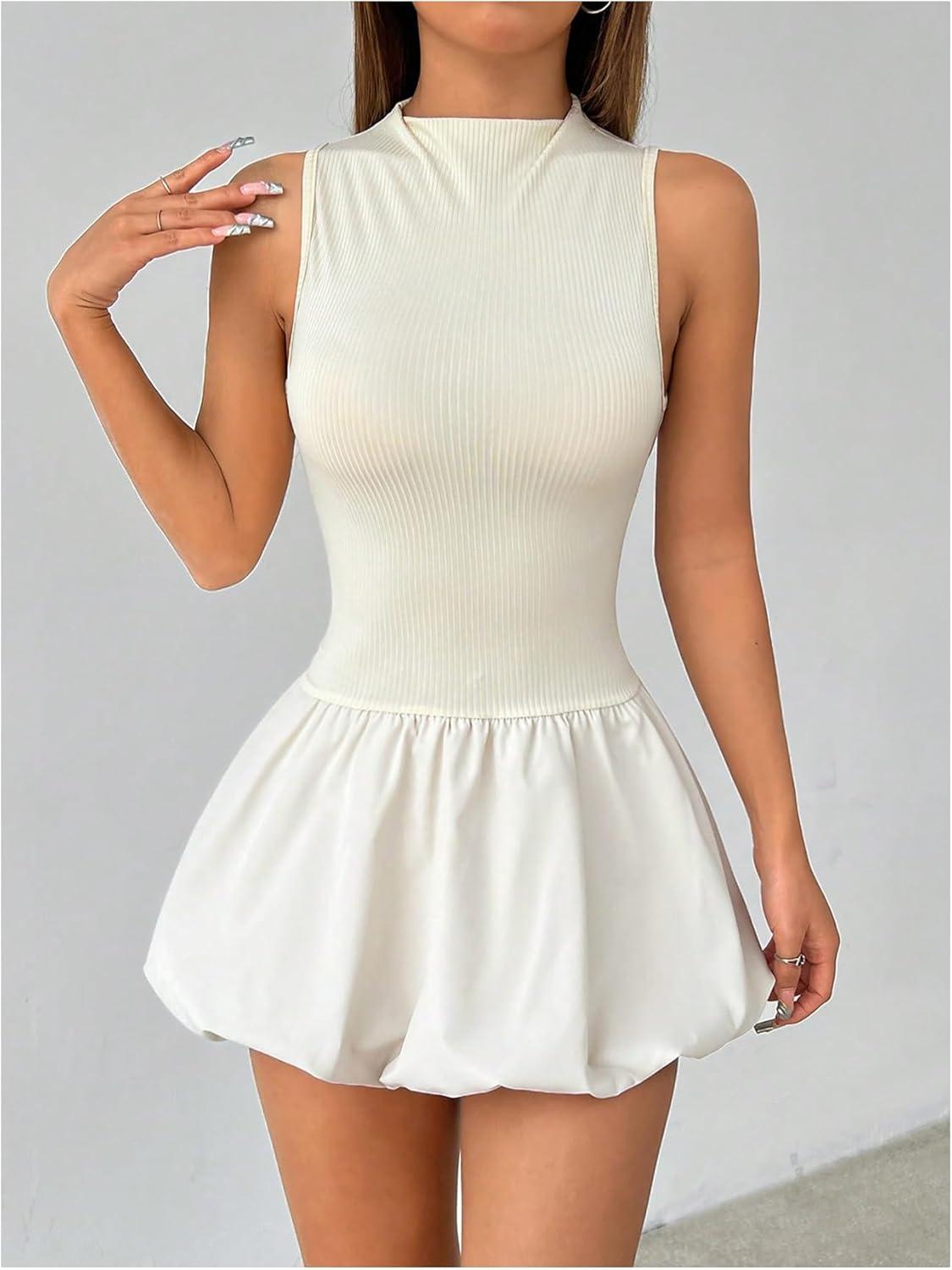 imageSHENHE Womens Open Back Bubble Dress Mock Neck Backless Y2k Puffy Mini Tank Dress Apricot PetiteS