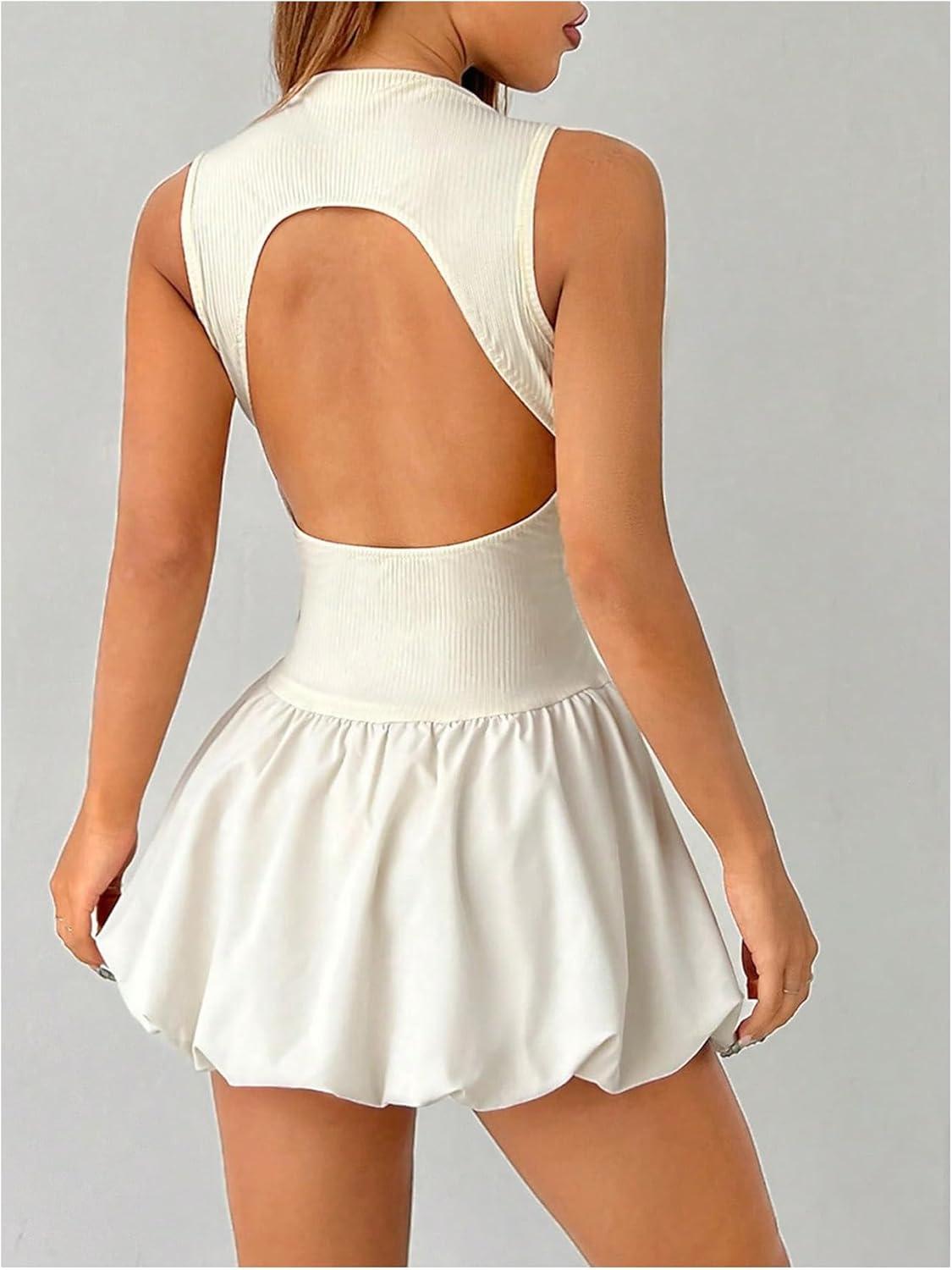 imageSHENHE Womens Open Back Bubble Dress Mock Neck Backless Y2k Puffy Mini Tank Dress Apricot PetiteS